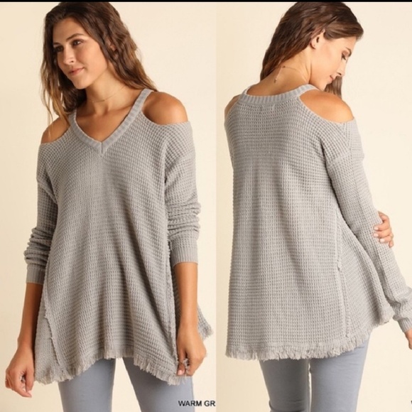 Waffle Knit Cold Shoulder Sweater - Picture 4 of 5